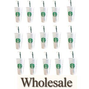 Starbucks - 1 24 oz Frosted Reusable Cold Cup with Lid and Green Straw - 15 Pack
